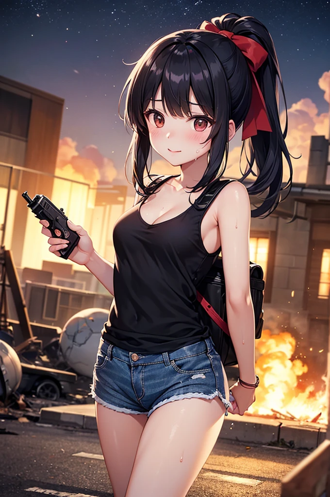 takeda hiromitsu style,(((masterpiece, highest quality:1.3,absurdres))),cowboy shot,20 year old beauty,Sniper、solo,((very small head)),short bob hair,bangs,dark brown hair,brown eyes,blush,Proud smile、medium breasts,((very long body)),((slender body)),skinny,gleaming skin,shiny skin,sweat, Black turtleneck、No sleeve、Crop length、Navel exposed、Black micro mini shorts、Black combat boots,sitting、(Holding a handgun in your hand、Detailed handgun),Explosion in the distance、Abandoned Factory、port、Tokyo、at night、moonlight、