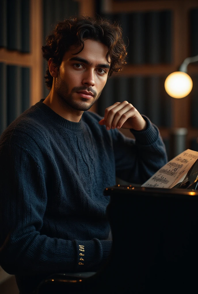 Karim un jeune homme du village qui est devenu riche  entouré de tous les instruments de musique 