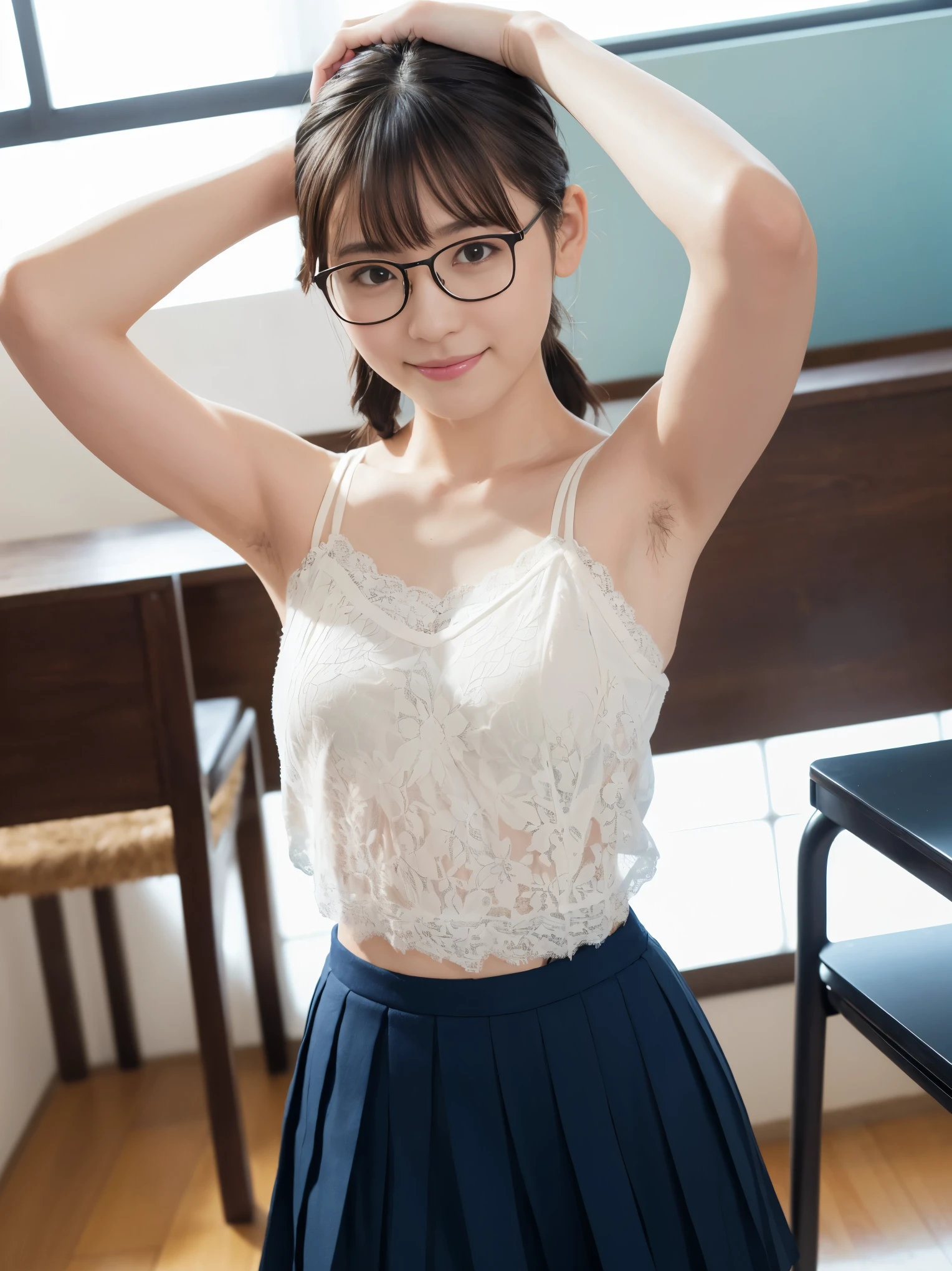 8k,cinematic lighting,top-quality,Top image quality,masterpiece,best quality,depth of field,ultra-detailed,from below,Standing,(mideum shot),full body,1girl,Japanese,32 years old,(Gyaru:1.2),(Black hair,very short messy bobcut:1.2),(Oval light brown cell frame glasses:1.2),detailed brown eyes,(slender body:1.2),((flat chest:1.5)),slightly large hip,(tanned skin:1.1),sunset,magic hour,(blushing:1.4), JP SCHOOL UNIFORM, school hallway,face,smile,looking at viewer,(no bra,nIpple bumps:1.1),(dark check skirt),school tie,white shirts,skirtlift,panty,white panty, open shirts,show breasts,