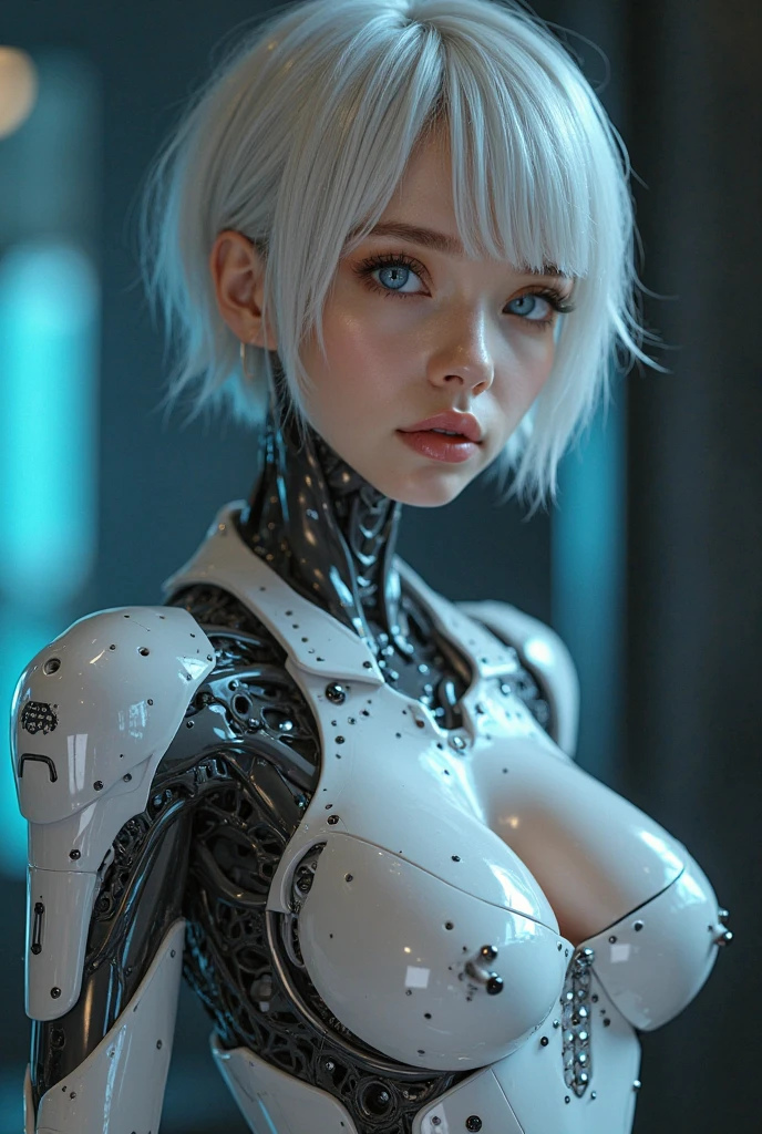 ((best quality)), ((masterpiece)), (detailed), perfect face,female Robot,Japanese Woman,50 years old,silver hair,blue eye,machine ear,silver metallic Robot body,like a Robocop ,Grammer Body,No Expression,Big Chest,Sexy female Robot,Perfect Robot Woman,Sex Android,Sex Robot