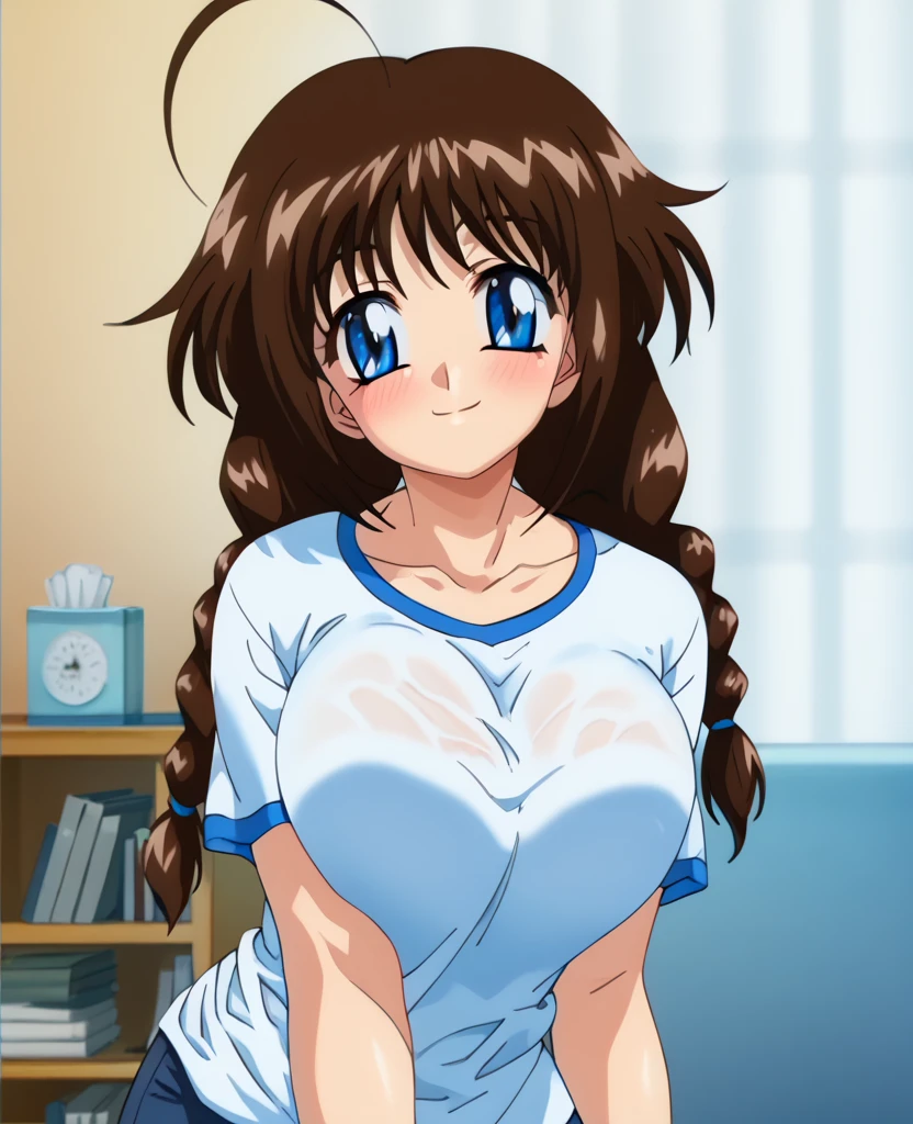 (Anime artwork, Anime Style, Studio Anime, Very detailed, Latest, Vibrant, Anime Coloring Book, High Contrast, masterpiece:1.2, Highest quality, Best aesthetics), (Beautiful and detailed:1.2), Aoikan, 1 person, blush, (White shirt, (Oversized shirt:1.2), Off the shoulder:1.2), Cute Smile Open your mouth On the bed, Lie down with your arms up, Pink Good, From above, No pants,Two Arms,