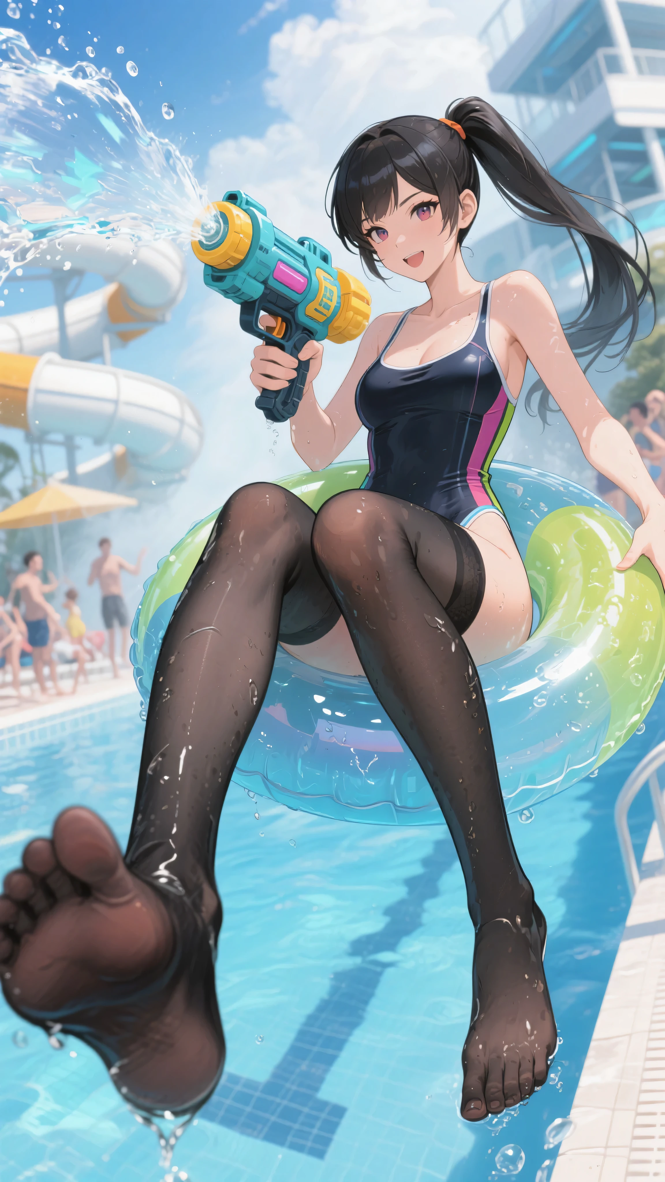 Best Picture Quality.4K, extreme hight detail,League of Legends Tanuki,Ali,fox ear,Eight fox tails,pools of water,water gun,Swimming rings ,Orbs of Magic,swimsuiti。