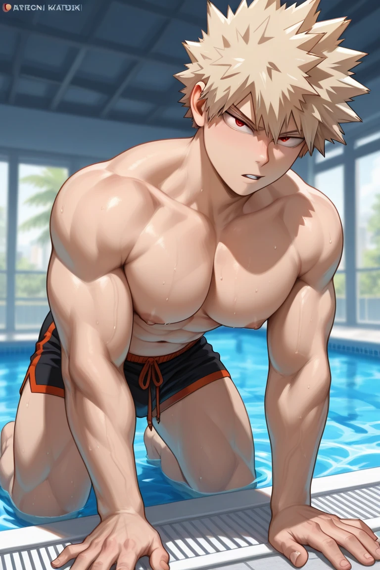 (score_9,score_8_up,score_7_up,score_6_up,score_5_up,score_4_up), best quality, best lighting, high-definition background, in FGO style, 1 boy is 18 yo, brown hair, red eyes, muscled, topless, ((veiny arms)), tight swimware, (long bulge), school pool, public hair, armpit hair