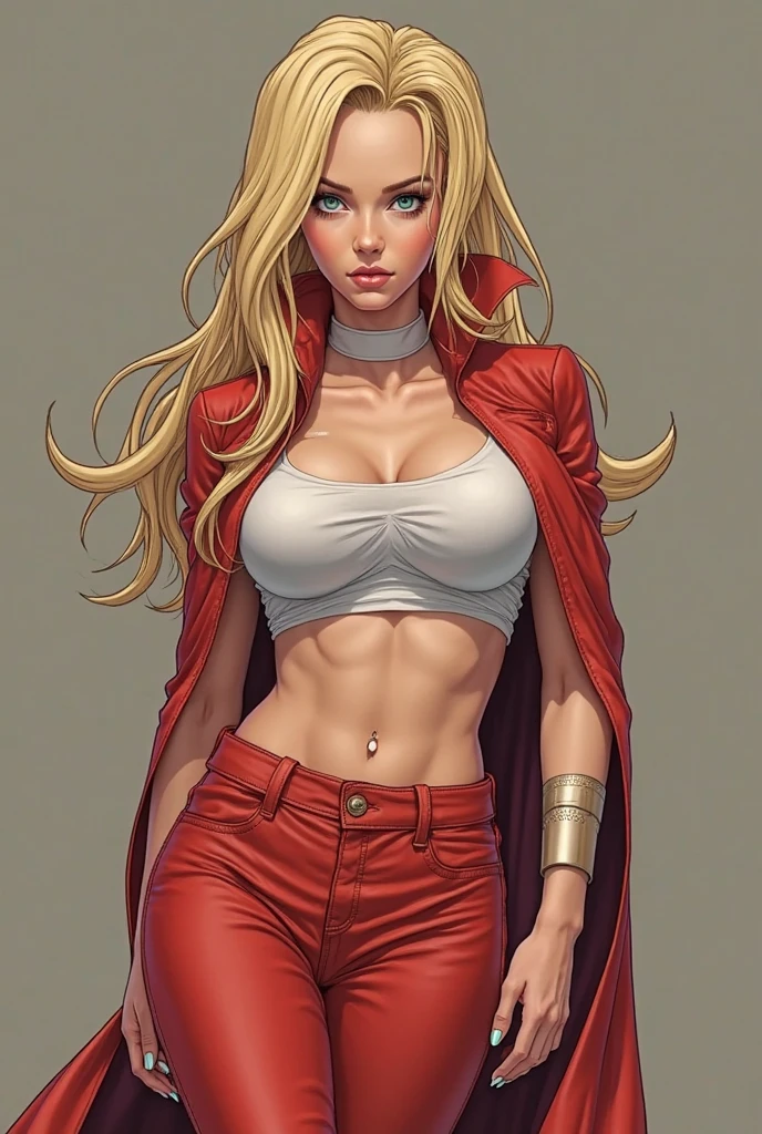 In the anime bleach style with clothing A tall and statuesque, pale skinned woman with composed pale grey eyes, a stubby nose, a square face and angled lips. She has wavy, long blonde hair, has a large scar on her right arm, has an expressive tattoo on her stomach, wears light eyeliner, and she seems disciplined and is r with her leggings are leather she is muscular showing leveage she larges tits and leather jacket she is in suggestive posing