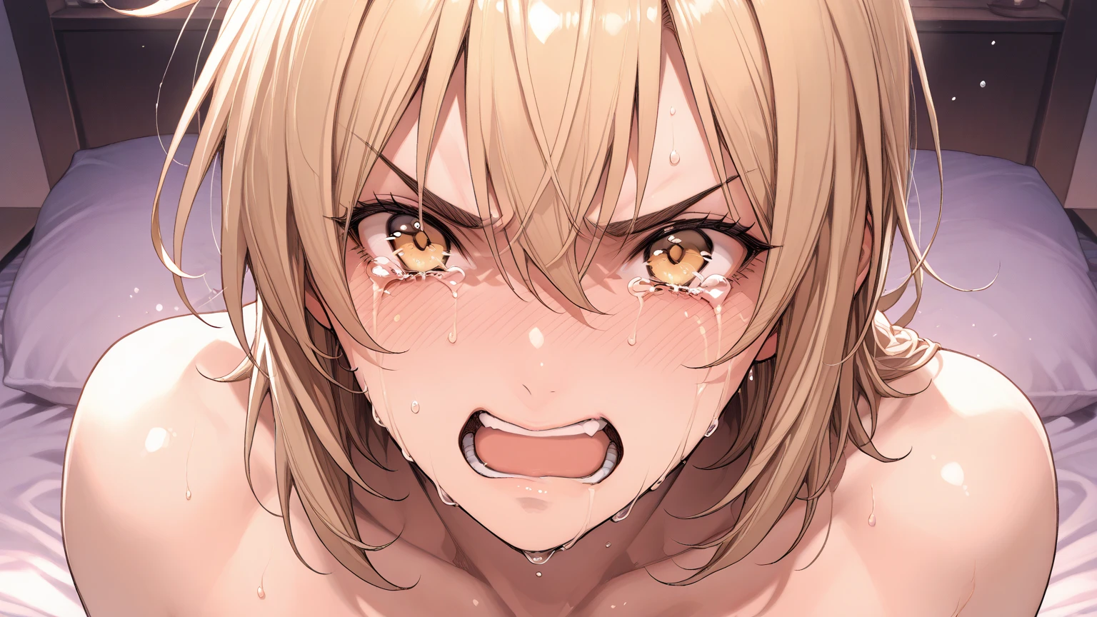 (((One girl))), Shibuya, blond hair, bob cut, from front, from above, Emphasize the cleavage, Seductive pose, looking at viewer, ((upper body)), face on focus, ((blush)), open mouth, tongue out, wide-eyed, rolling eyes, heart-shaped pupils, saliva, ((sweat)), ((steam)), ((nervous)), black hoodie:1.3, black shorts:1.3, anime style, (best quality, 4k, 8k, highres, masterpiece:1.2, ultra-detailed, ultra-detailed eyes, HDR, UHD, studio lighting, ultra-fine painting, sharp focus, physically-based rendering, extreme detail description, professional, vivid colors, bokeh)