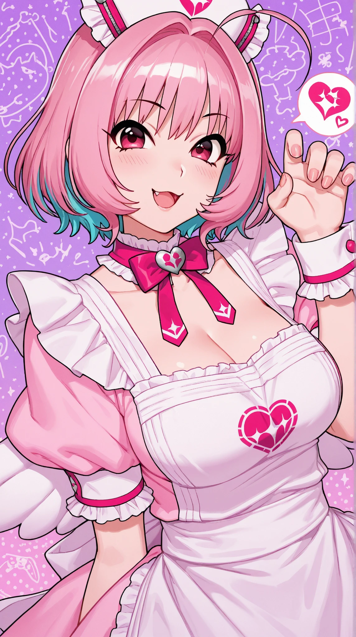 (masterpiece, best quality), 1girl, <lora:novel-nvwls-v2:1>nursenovel, nurse cap, pink dress, cleavage, purple apron, white gloves, single thighhigh, pink thighhigh