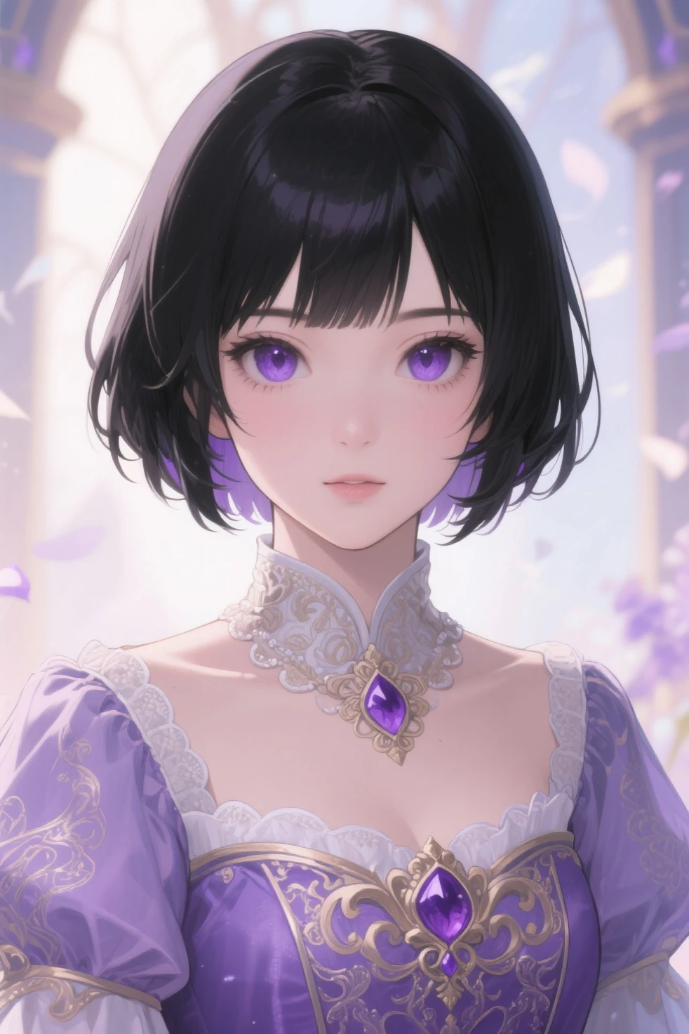 high resolution, Masterpiece, Anatomically correct, precise, qualityที่ดีที่สุด, quality, 1 woman, Age 25 years, long hair, black hair, purple eyes, hairstyles, big breasts, earring, Dark makeup, A thin smile., simple background, Close-up photography, decorations, Anime style, Wearing a black dress,luxurious,Wealth,millionaire,The body looks mature,เครื่องแต่งกายluxurious,fur coat, sexy.