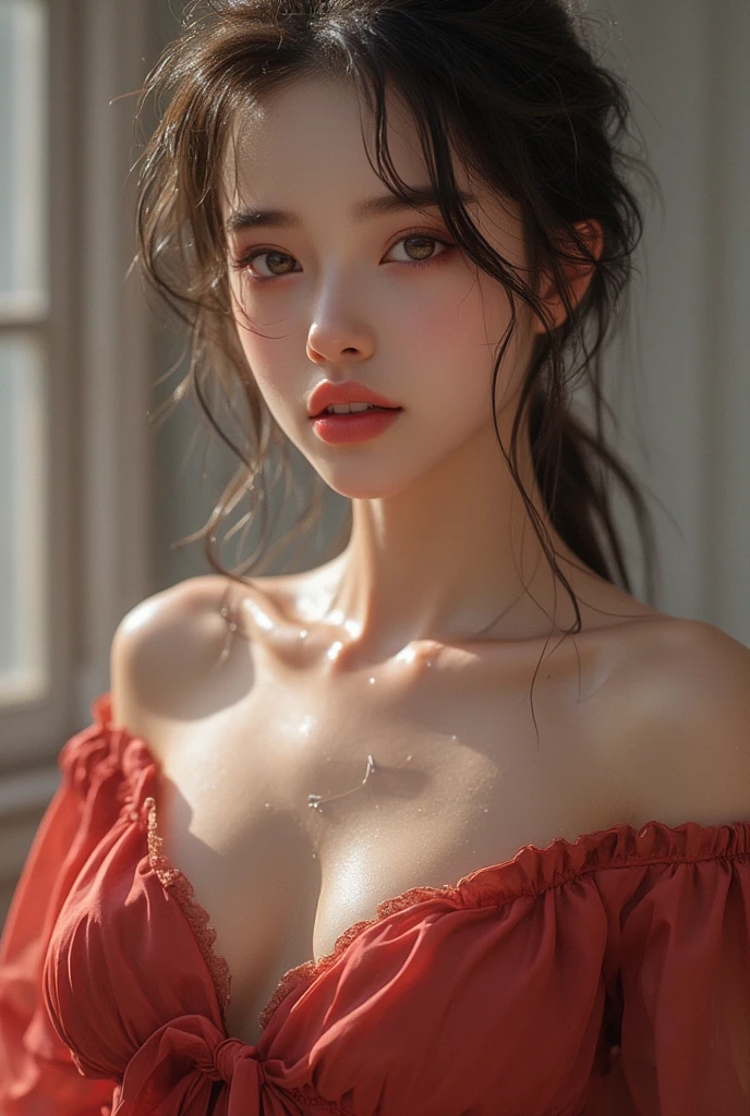 Close-up, (neon, night view, Dutch angle, from above, strapless: 1.3), masterpiece, top quality, raw photo, photorealistic, off-shoulder, red lace dress, red choker, reddish-purple eyes, up, upper body, cleavage, face light, shiny skin, film grain, chromatic aberration, absurdity, high resolution, ultra detail, detail, detailed eyes and face, sharp pupils, realistic pupils, sharp focus, sexy inviting pose, crotch opening, full body, posing to take pictures, sweating, wet skin, shy, red cheeks, embarrassed, full body wet, lying down, disheveled, whole body wet, whole body in the picture, thin and beautiful long legs