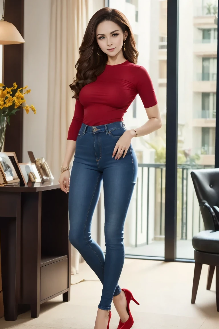(RAW shooting, Photoreal:1.5, 8k, highest quality, masterpiece, ultra high resolution), perfect dynamic composition:1.2, Highly detailed skin and facial textures:1.2,beautiful and aesthetic:1.2, caucasian:2, standing:2, full body:2, shoes:1.2, necklace:2, Fair skin, (large breast:1.5, Chest gap:1.5),(1girl, tall, long legs, makeup:1.2, single braid, thicc tight:1.4, pink top:2,sleeveless:1.2,,red pants:2,belt:1.2),(simple background:1),