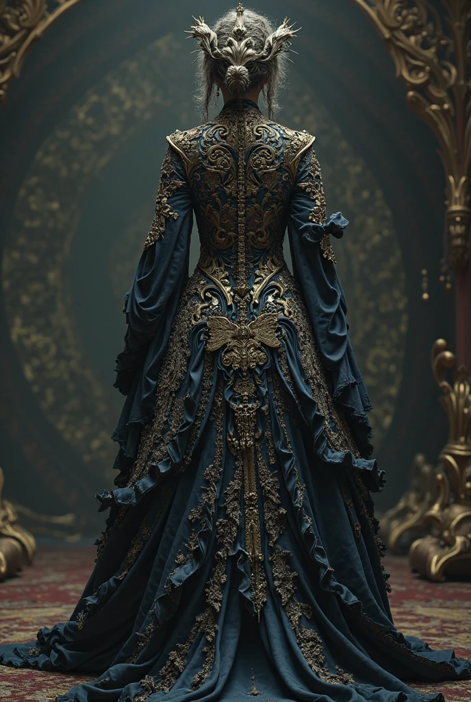Create a guiding design of a futuristic and intelligent garment for men and women in the tailoring sector in very extravagant blue and metallic tones.