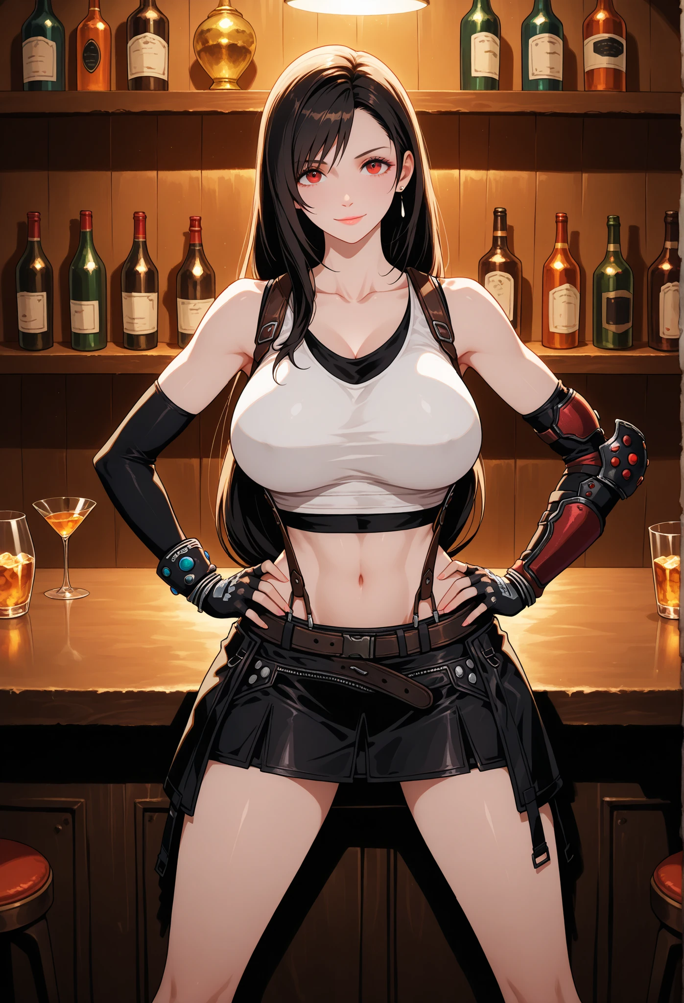 best quality, anatomisch korrekt, detailliertes Bild, high resolution, Tifa Lockhart, allein, Bar, Stands with legs apart at the counter, Looks at the viewer joyfully, geschlossener Mund, hands on hips, Her upper body is slightly tilted forward towards the observer, Vorderansicht, Big Breasts, (F70),