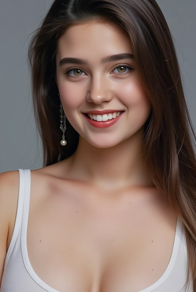 Tight black and orange top:1.2, looking at the audience, movie theater lighting, perfection, soft light, High Resolution Skins:1.2, realistic skin texture, 18-year-old、small face、no makeup，Drop your shoulders，Bust C cup、blue eyes, good, dark brown hair、Completely naked、gray background、Photo from above the waist、　I can see the abdomen、cute smile,