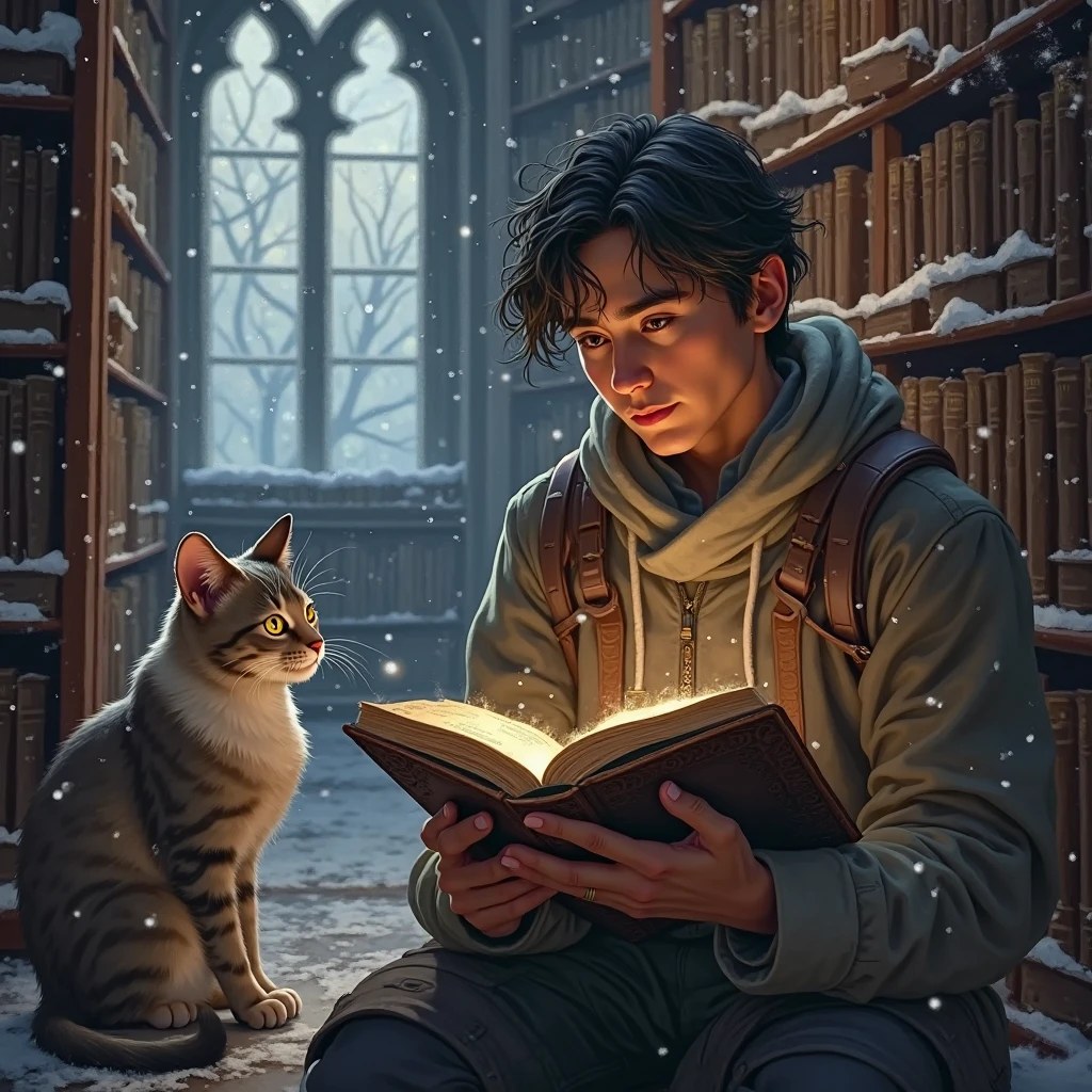 Boy sitting on the ground with a cat and a dog, Fantasy Illustration, fantasy book illustration, Science fantasy painting, Magical realism and dark fantasy, digital art fantasy, Dark fantasy art style