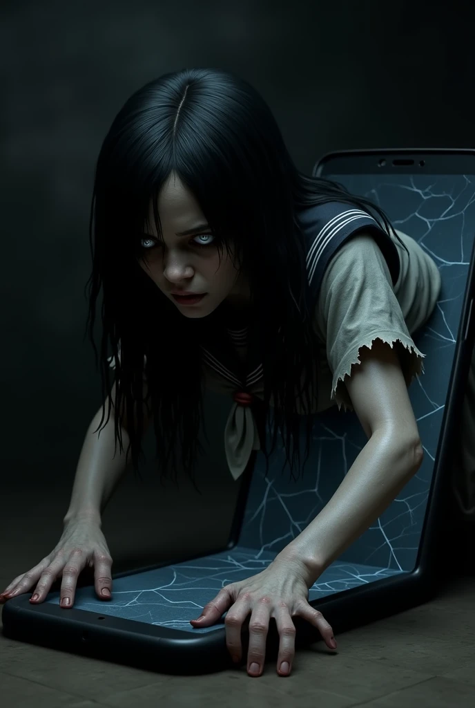 (1 girl:1.4),(Woman popping out of a phone screen:1.4),has long straight black hair, woman is wet all over, (woman is crawling:1.4), (face is hidden by black hair:1.4), only her upper body is out of the phone screen in 3D.