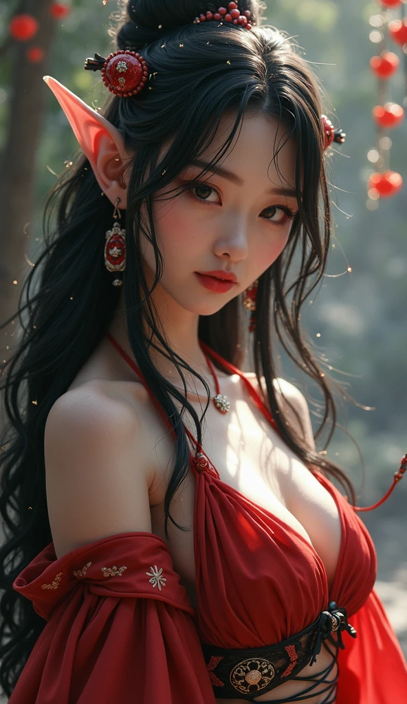 nsfw, 1girl, nude, (masterpiece: 1.4), (8K, realistic, raw photo, best quality: 1.4), skirtlift, standing on mountain top, nipple areola shape clear, beautiful breasts, Chinese girl, beautiful cute face, (real face: 1.4), perfect pussy, beautiful hairstyle, realistic brown eyes, beautiful detail eyes, (real skin: 1.3), beautiful skin, attractive, ultra high resolution, ultra realistic, cinematic lighting, black colored hair, long hair, twin ponytails, red ribbons, ancient China, chinese mythology, dragon