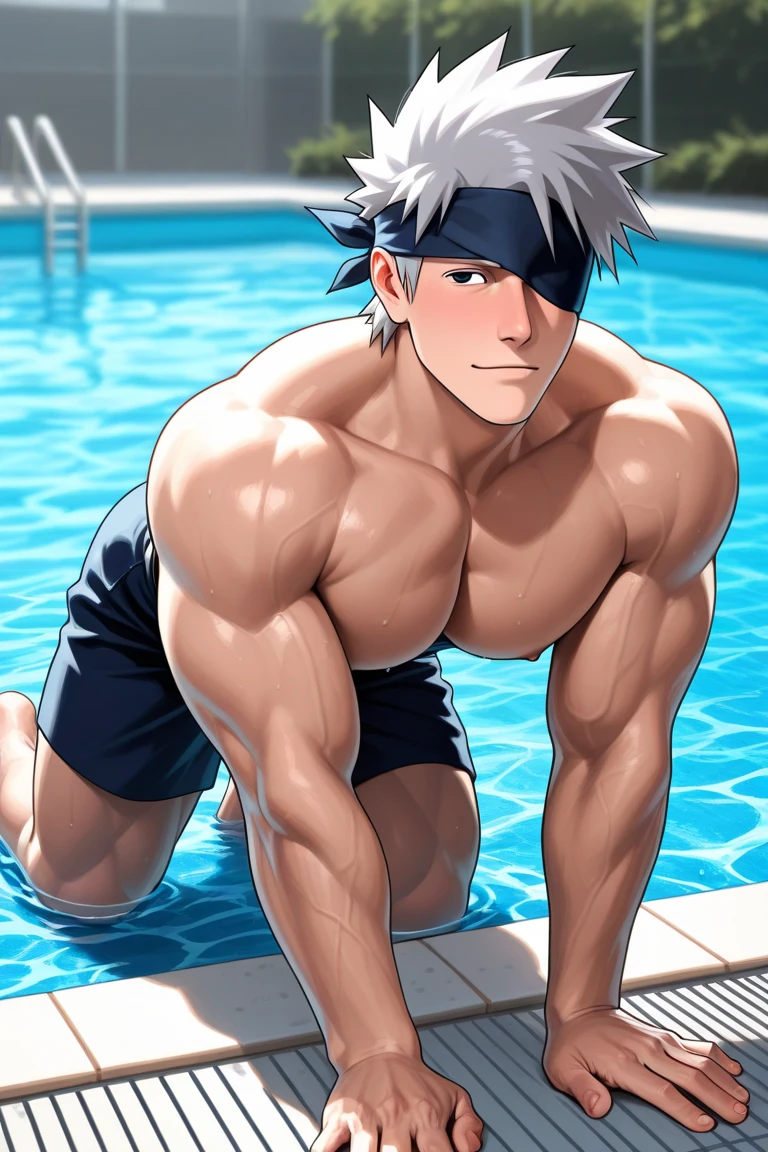 1man, japanese dilf, physical teacher, 40yo, big nose, gray hair, tanned skin, forehead, crewcut, handsome, masculine, pentagon face, middle-muscular, stocky waist, middle-large eyes, builtfat, slighty chubby, Attractive, pheromonal, male ideal ratio body proportions, BREAK black swim bikini, topless, off shot, male nipples, abs, thigh, small bulge, fullbody, solo, looking side, soft smile, sexy posing, seaside, from side, detailed back ground, romance, dramatic expression, dutch angle, 1990s, visual novel, extreme all detailed CG, masterpiece, best quality