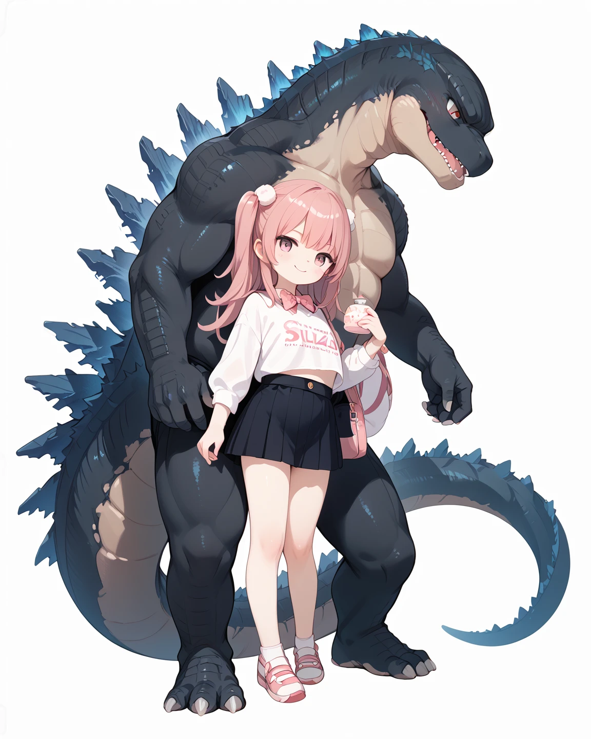 Highest quality、masterpiece、darkness、Black Background、Surreal Posters、Pink furry dinosaur、Very realistic T.Rex、Pink glowing hair、Bright eyes、Light pink dinosaur、Object of fear、Leaning forward