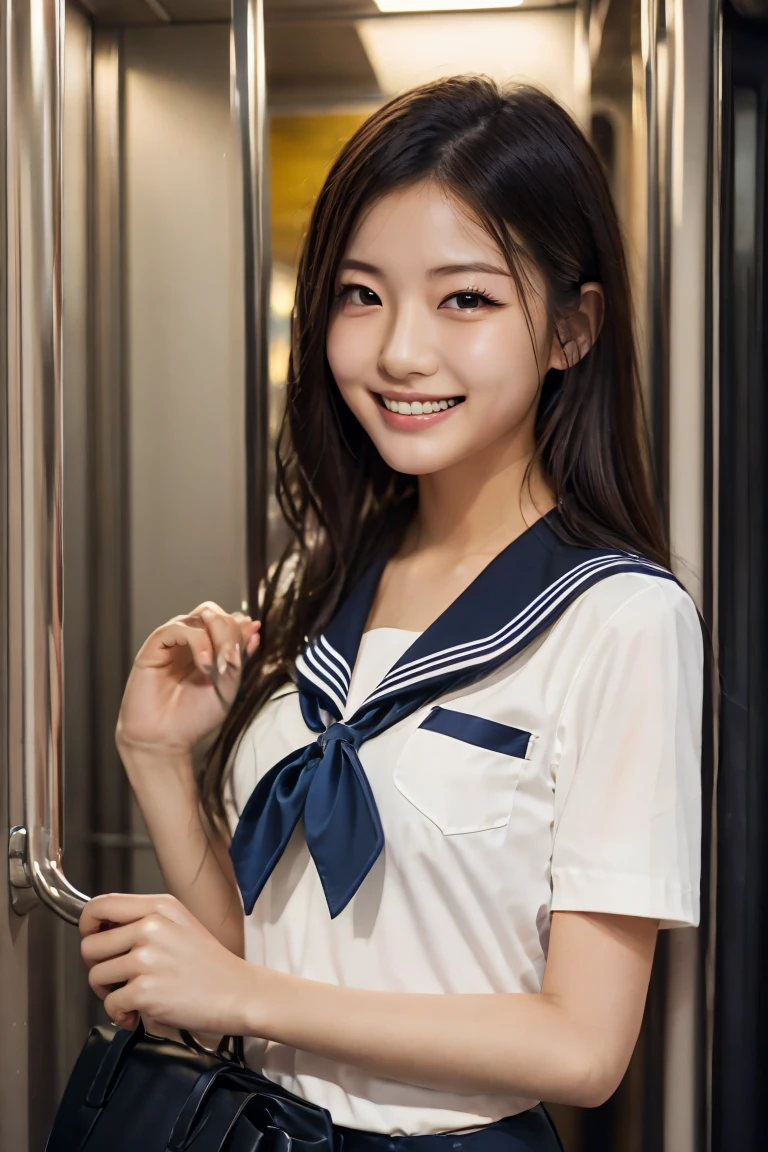  (Highest Quality), (score_9,score_8_up ,score_7_up ,score_6_up ,score_5_up ), 8k,high definition, realism, A,Inside the train, Japanese girl around 18 years old , solo, A beautiful girl with a sense of transparency, pure face ,detailed beautiful face and eyes, black hair shaggy cut , (Gentle look), She smiles with her mouth open and showing her teeth, perfect female body, Standard white and navy sailor uniform,,holding a dark brown leather handbag in one's right hand,Standing by the train door, ,,,Diagonal front view、
