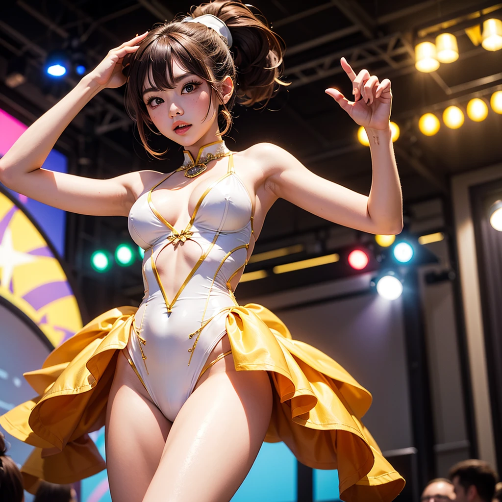 whole body、((beautiful girl、Cute type))、((Beautiful 14 year old girl))、 ((leotardsbeautiful girl：1.5))、((A beautiful girl wearing a three-coloRed leotard: Red, green, and white.))、((shouted in surprise))、((please open your eyes：1.5))、((from below：1.5))、Ultra-fine painting、((両脚を左右に開いてstand：1.8))、((Beautiful 14 year old girl))、((beautiful girl wearing a tiara))、((((baton twirl))))、((huge ))、open mouth、(Live shooting)、(masterpiece:1.4)、(best quality:1.4)、((stand))、((long hair ponytail))、((Have bangs：1.4))、((thin thighs：1.5))、Beautiful girl with a fuchsia Reddish choker around her neck、Delicate skin、Thigh clearance、((City))、[:(Face:1.2):0.2]、clavicle、((Hasselblad photos))、(((camel toe)))
