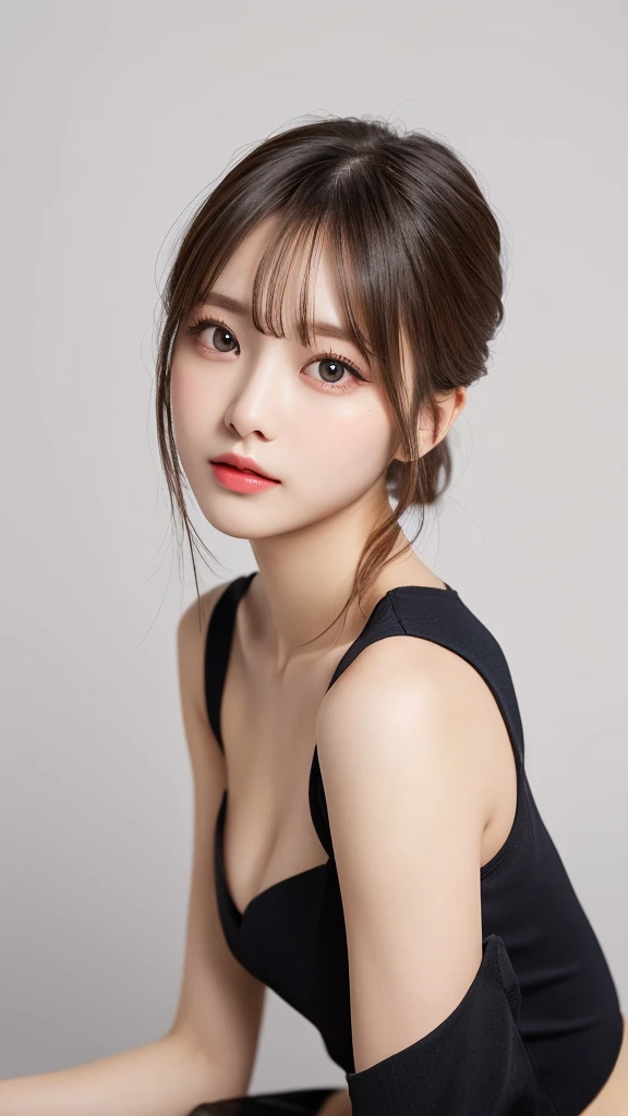 masutepiece, Best Quality, Illustration, Ultra-detailed, finely detail, hight resolution, 8K Wallpaper, Perfect dynamic composition, Beautiful detailed eyes, Trendy Women's Winter Fashion,poneyTail,small tits,Natural Color Lip,Smile,luxury home bedroom,(slightly dark room)、20 years girl、Cute、is looking at the camera,an anatomically and physiologically correct body,Beautiful detailed face,Perfect and beautiful face