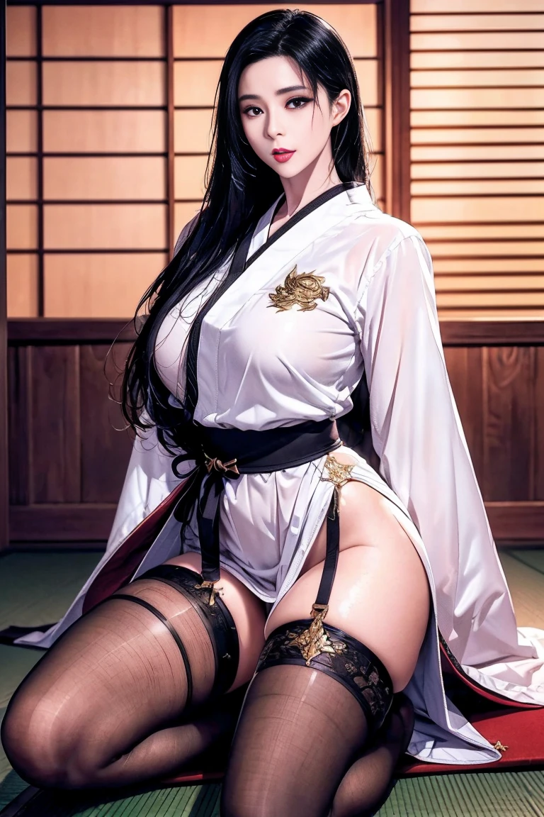 Beauty with long black straight hair,Hairpin,,cleavage,kimono,,black stockings,sandals(Delicate face:1.2),