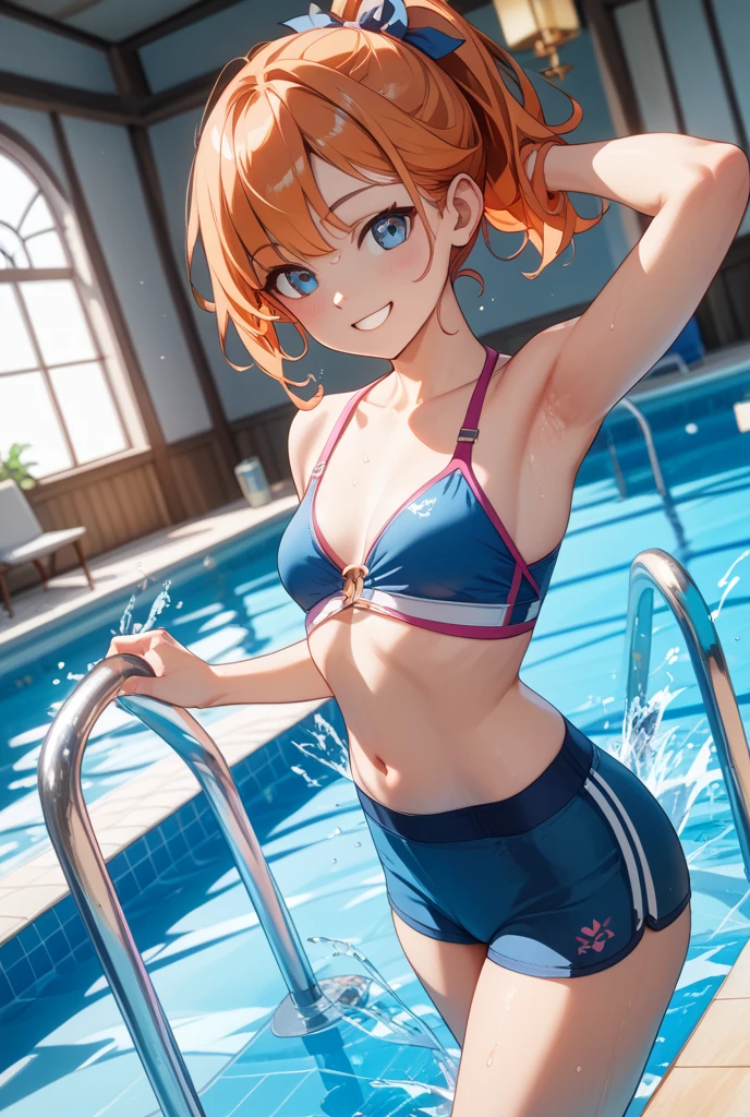(Perfect body),Best Quality,16 K、(((((Lori)))))、((Light blue striped bikini))、()、(((blush)))、I have my mouth wide open、:D、V-shaped eyebrow、short-hair、((((waved hair))))、Ahoge、(Orange Eyes),((Pink hair)),(Sweat)、((Big ass))、((((flat chest))))、(((thick thighs)))、Armpits、Hands behind the head、(kneeking)、(claw pose)、in poolside