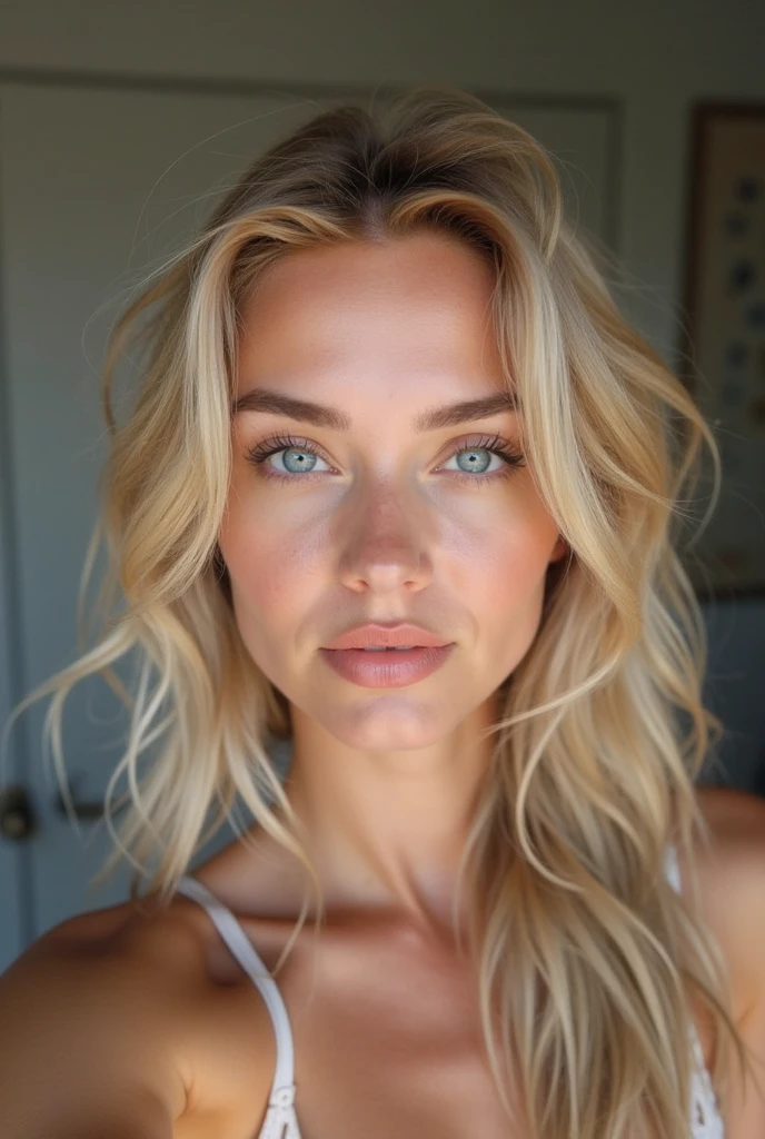 Create a selfi realistic image of a 20 year old woman, longs cheveux blonds, Blue-green eyes , selfi realist, sexy, en sous vêtement ,en entier , À toute heur de la journée , À plusieurs endroits de la maison, avec le sourire au visage, dans des positions différentes, debout, sportive, en 2 eme plan