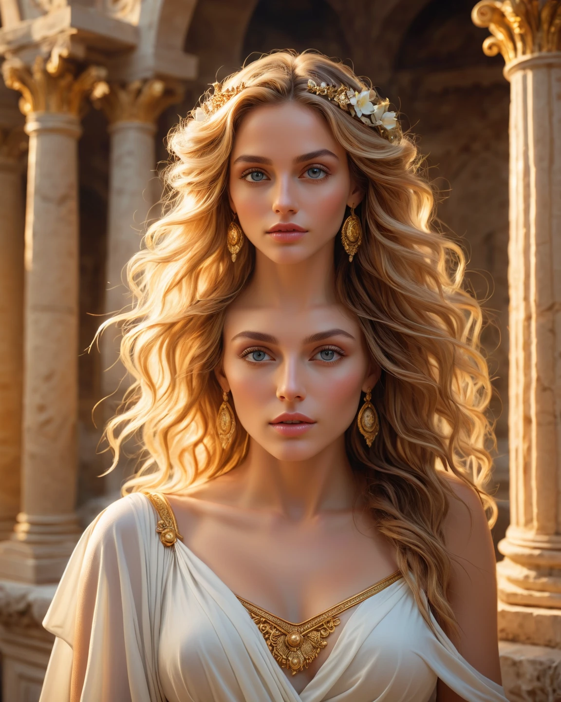 とても美しい二人の処女神のwhole body画像, Brown-haired Artemis in Greek costume, Blonde Freyja in Nordic costume, whole body