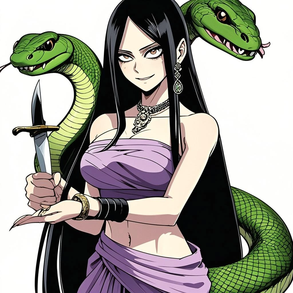 a close-up of a black woman in a purple bikini sitting on a snake, beautiful female gorgon, fierce Medusa, cabelo vermelho ao estilo dread, deusa feminina de pele escura do amor, mulher cobra hybrid, mulher cobra, female Medusa long hair, deusa sobrenatural, lamia, Medusa, fundo medieval, corpo tatuado, estilo anime, various tattoos, desenho ao estilo anime