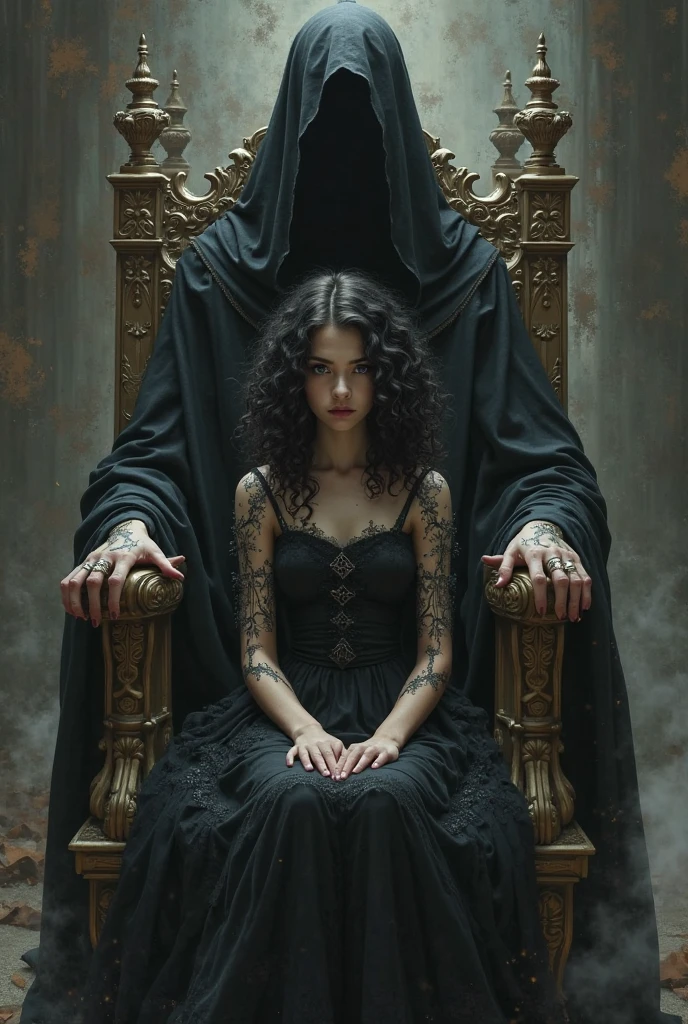A girl in a black dress and white skin sits on a throne