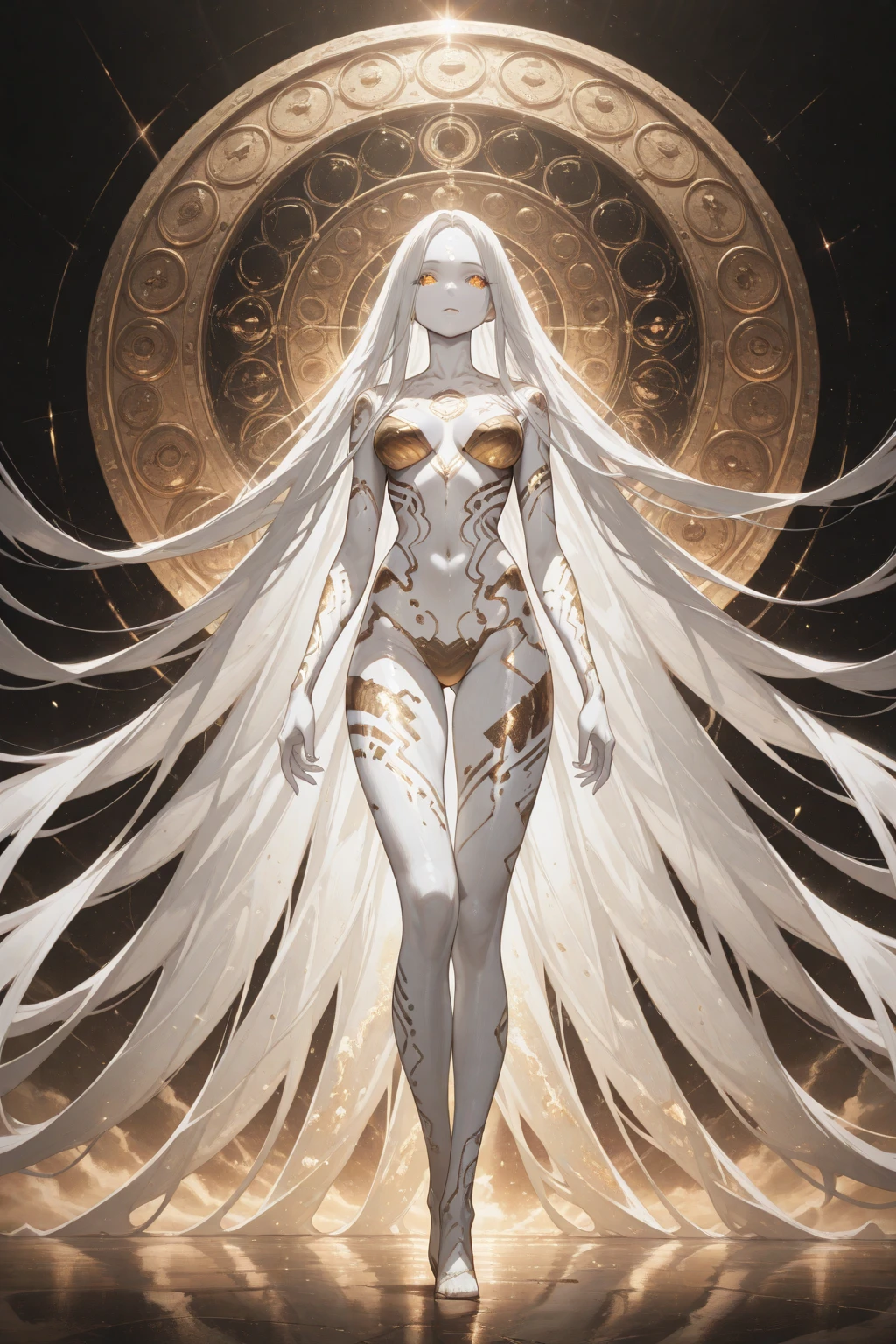 masterpiece， Highest quality， Observe the audience， length Hair， Fresh， （Wavy Hair：0.7），
White Theme， （（（（Gray ruins，）））），Human whole body，See-through leotard，Front view，Golden Eyes，Bright Eyes，length, Pure white straight hair，Small breasts、A light smile，（Full Shot），Ultra-high resolution，Accurate，Very detailed，Awards，Attention to detail，Highest quality，8K、High Leg、mysterious、Quiet abandoned cityscape、mechanical