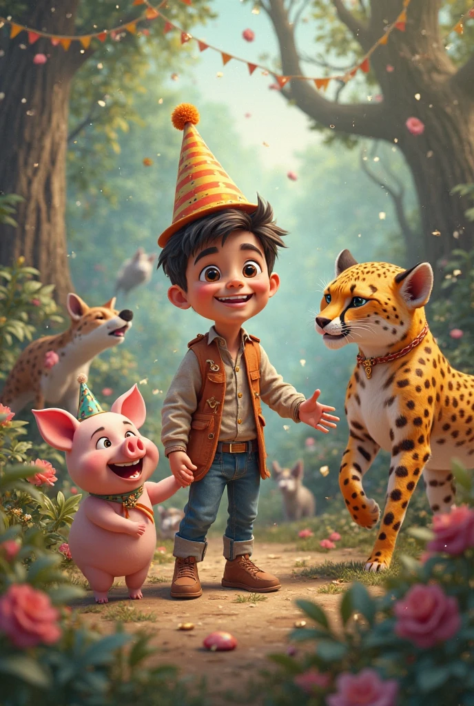i want a lot of animals then there's a boy in the center celebrating his birthday in the jungle