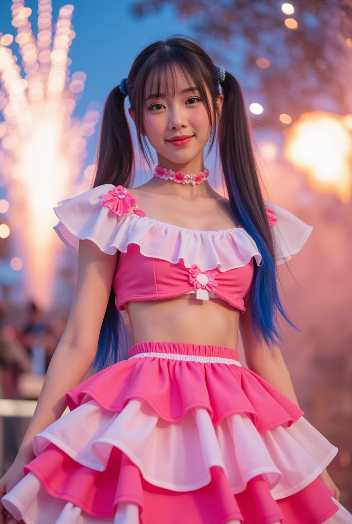 (masterpiece)、Detailed、(cute)、((Idol))、(赤色と黄色のIdol衣装)、、smile、Side ponytail hair、belly button、shoulder、Checkered ruffled lender、(dance)、Knee-high socks、Big ribbon、White underwear、Colorful hair colors、((Flat chest))、In the spotlight