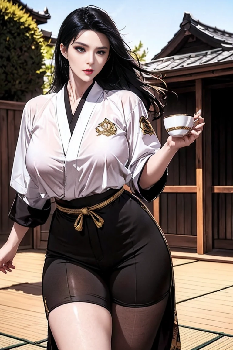 Iroha、super breasts、thick thighs、black hair、8K, 4K, highest quality, High resolution: 1.2)、cute anime face、noise removal、maid、和風maid、black leotard、full body portrait、Bite leotard、Japan holding a sword、ability、blue eyes、Thigh length black long tights、gentle smile、white kimono、Serve meals、Japanese garden