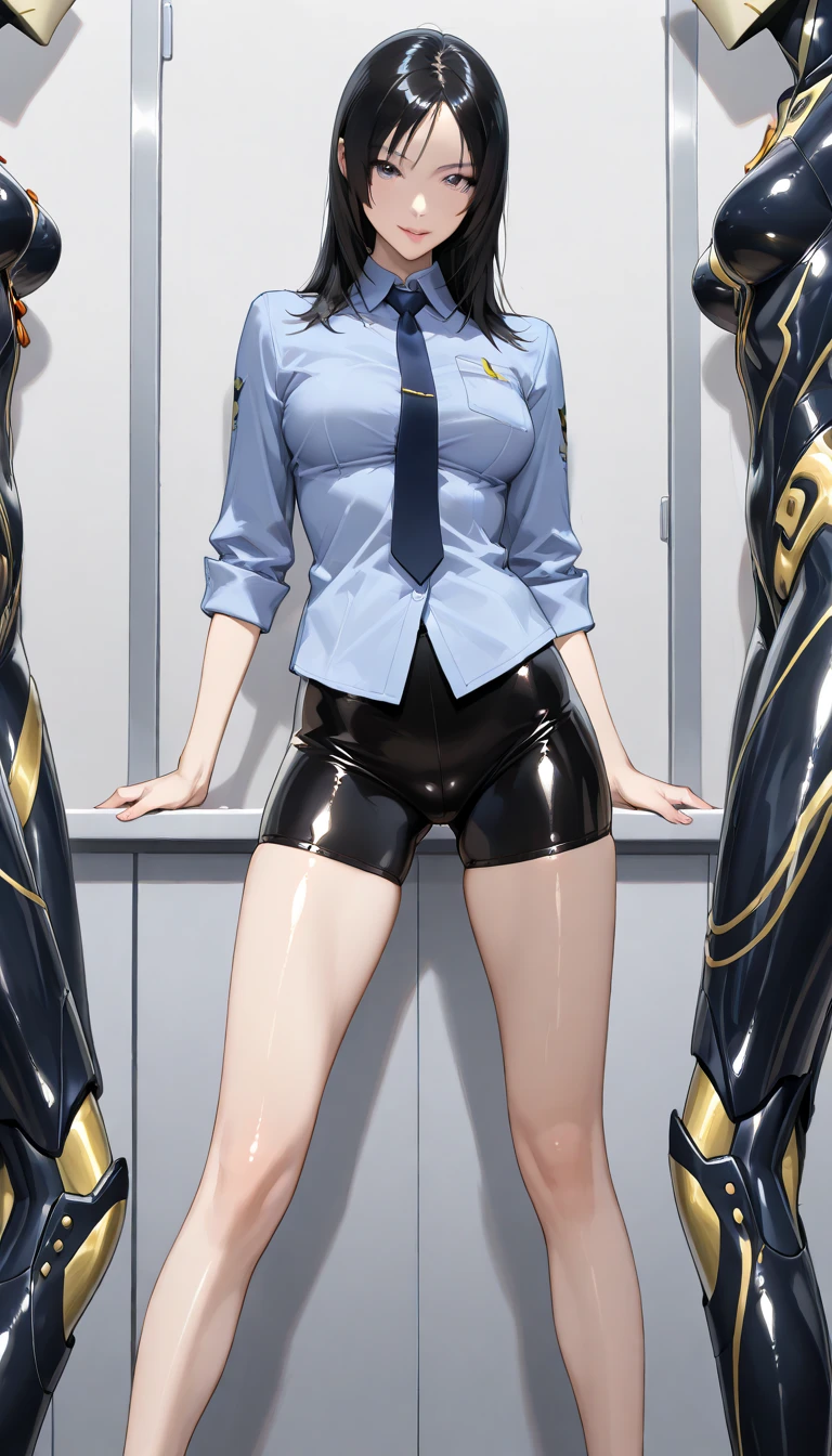 Masterpiece, Best Quality, Highly detailed, illustration, absurdres, 1girl, solo, expressionless, blank eyes, looking at viewer, emotionless, corrution, mind control, female combatant, full body, hypnotized, unhappy trance, both arms at side, obey, perfect female body, extremely glossy latex, hypnosis, hypnoLora, empty eyes, Mind control device, poses, submissive_pose, stand up straight, standing, standing at attention, latex, gold delmo uniform, golden delmo uniform, delmo uniform, tight miniskirt, pencil skirt, ultra-detailed, Explicit, Beautiful body, Beautiful Nose, Beautiful character design, perfect eyes, perfect face, ultra highres, 4K, beautiful legs, perfect legs, Nice hands, Perfect hand, Grey hair, grey eyes, short hair, puffy sleeves, looking at viewer, light reflect on clothes, (golden delmo uniform, gold metal foil uniform, gold delmo, golden sleeve, red stripes, tight golden miniskirt, gold shoes), yukimura aoi, Encouragement of Climb, nazi saluting, military saluting, salute