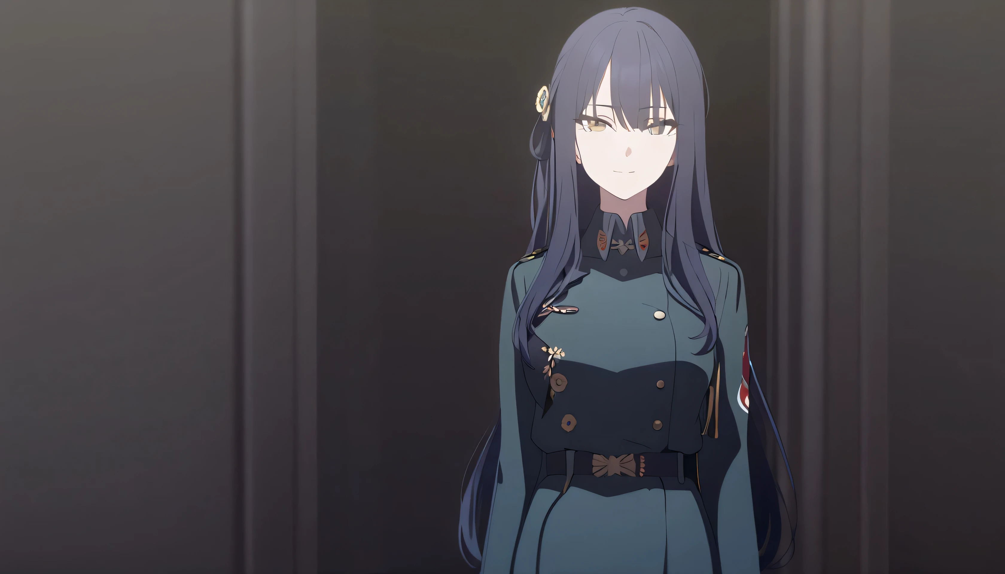 masterpiece, best quality, solo, 1woman, mature, dark blue hair, long hair, marigold eye, medium breast, dark green japan military uniform, standing, looking at viewer, elegant, cold gaze, slight smile, black background only