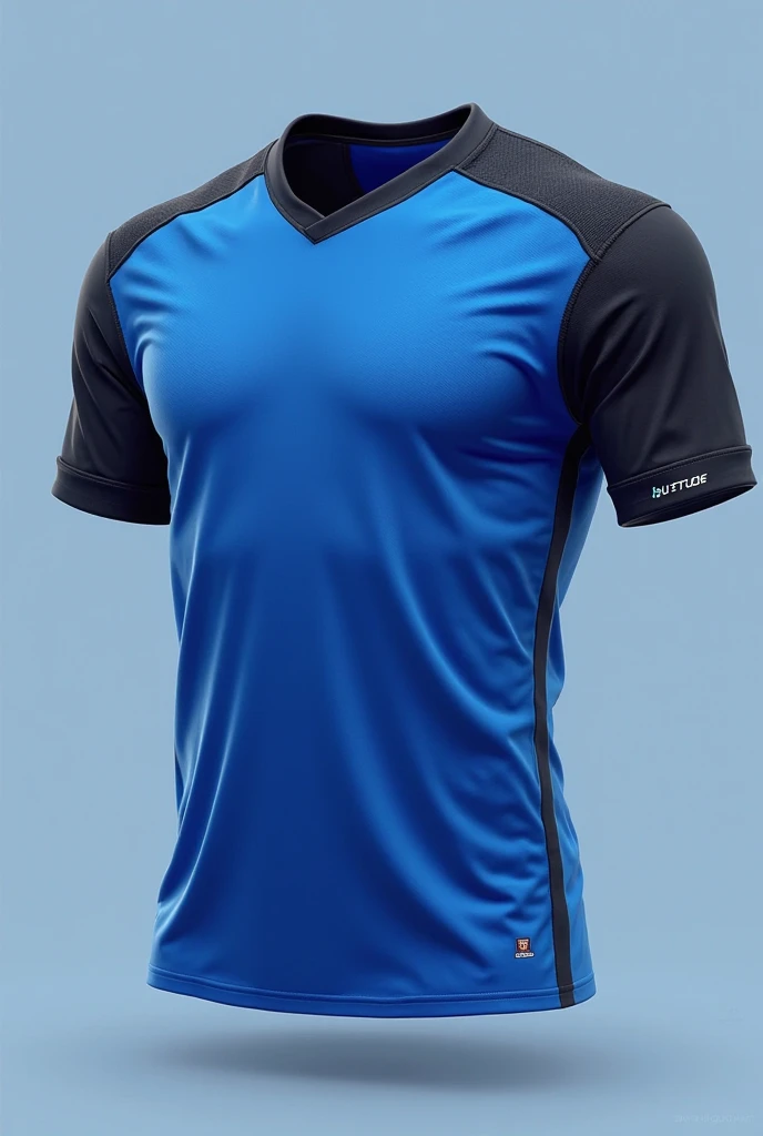 Create a jersey design with following ideas 
.Design: A solid blue jersey with a shadowed white outline of the team logo or name that seems to "float" just above the fabric.
Details: The shadow effect can be extended to the sleeves and collar for a 3D appearance.
Logo Placement: Centered, with the shadow extending around it.