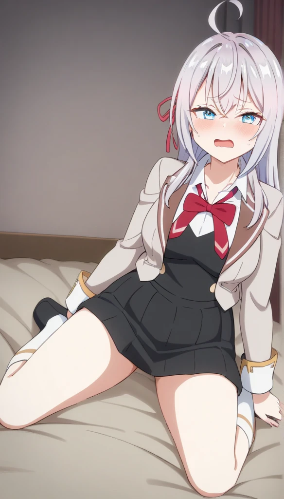 (NSFW:1.3), No correction, Super Detailed Game CG, (High resolution:1.1),(absurd:1.1), highest quality, 超High resolution, highest resolution, very detailed, anime, 1 girl, , arisu, (light purple hair, gray hair, medium hair), Black beret, black hat, purple eyes, smile, closed mouth, (arisu School, school uniform, Red Blazer, red jacket, white dress , white skirt, pleated skirt, Blue bow tie, white stockings, garter strap, Absolute area:1.4), small breasts, Liar, wide open legs, raised my feet, half undressed, wet clothes, wet body, Sweat, embarrassing, blush, cleavage, sunlight, spread your legs, (vagina with penis inserted:1.5), Creampie, chest comes out