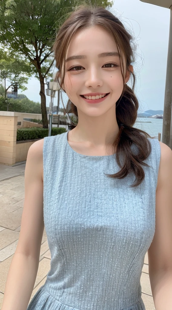 (masterpiece:1.3, Highest quality), (Realistic, photoRealistic:1.4), Beautiful illustrations, (Natural Side Lighting, Cinema Lighting), 
Look down, whole body, From below, 1 Girl, Japanese, (reception), 20-year-old, Perfect Face, (Perfect Anatomy), Cute and symmetrical face, Shiny skin, 
(Long Hair, ponytail, Black Hair, Pink hair ribbon), Swept-apart bangs, Dark blue eyes, Slanted Eyes, Long eyelashes, (Large Breasts: 0.8), 
Beautiful Hair, Beautiful Face, Beautiful attention to detail, Beautiful clavicle, Beautiful body, Beautiful breasts, Beautiful thighs, Beautiful feet, Beautiful fingers, 
((Very detailed costume, Square neck ivory dress, )), 
(Beautiful views, Depth of written boundary, Detailed Background), evening, (Office Room), indoor, Overlooking:building, Are standing, (smile), 