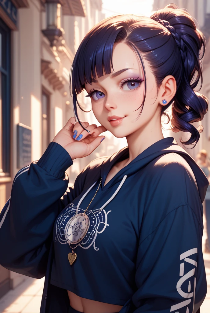 Raw photography, top-quality, ​masterpiece, extremely delicate and beautiful, ighly detailed, nffsw, Unity, 8K Picture Wallpaper, amazingly detail, detaile, ​masterpiece, top-quality, Official art, Highly detailed ticker Unity 8k wallpaper, ultra-detailliert, hight resolution, ighly detailed, Clair, Focus, (top-quality), (realisitic, Photorealsitic:1.5), 8K, Soft lighting, hightquality, lighting like a movie, 1girl in、twin（Uma Musume）、Twin-tailed、Very very, very long twintails、Hair tied at the back of the head、Tie your hair back、Wrap with black ribbon、a black ribbon、Hair color is blue、Blue hair、Messed up bangs、bouncing hair、Very blue, Very long horse ears、、、、、Eyes very, very, Very big、Purple eyes、Purple eyeballs、Purple eyes、Round eyes、🌀hitomi、Eyes that draw in、Open your mouth wide、Kiza tooth、Double teeth peeking out of the mouth、Supernatural Beautiful Girl、pure、natural、Stupid、Active、Bottomless cheerfulness、小柄、Short、small tits、micro breast、Fancy hoodies、Blue Hoodie、Pampering Pose、The background is the Arc de Triomphe、France