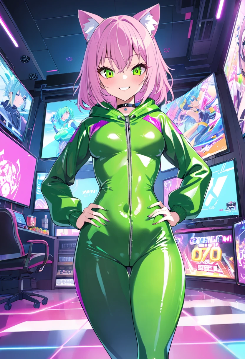 1girl, standing, drunk, medium breasts, tomboy, short blonde pixie hair, very short hair, pixie cut, modern hairstyle, chic and asymmetrical pixie cut, green eyes, green bodysuit, cameltoe, cyberpunk bar, masterpiece quality, intricate detail, 4k resolution, ultra hd