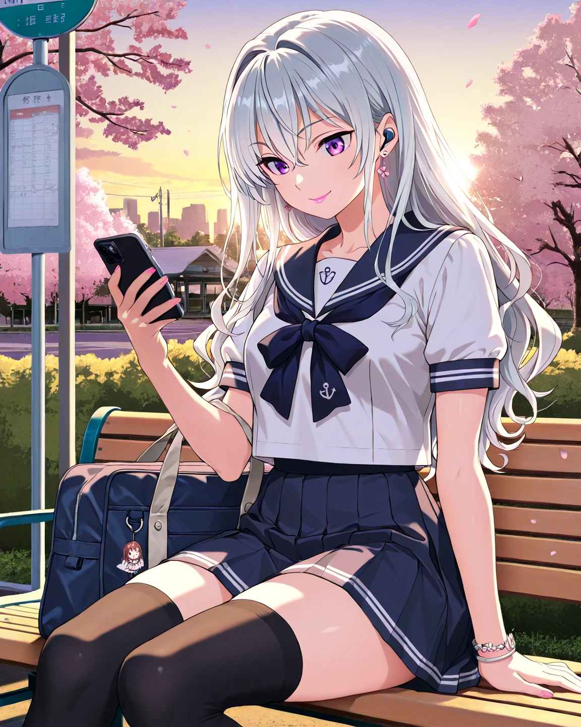Short schoolgirl white skin color white hair ponytail big breast sitting using cell phone cross-legged wearing yellow socks smiling park bench scene 