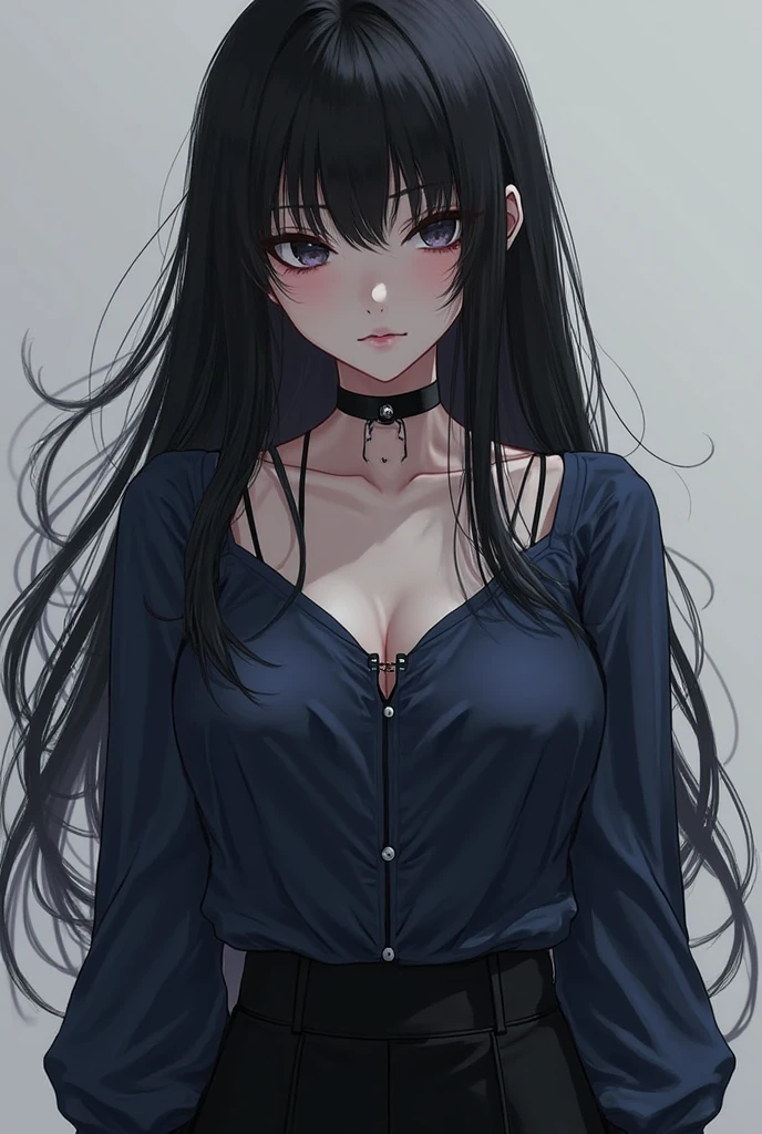 Dark brown eyed girl with long curly brown hair, WITH BLACK LENSES, white sweater and 2 silver necklaces