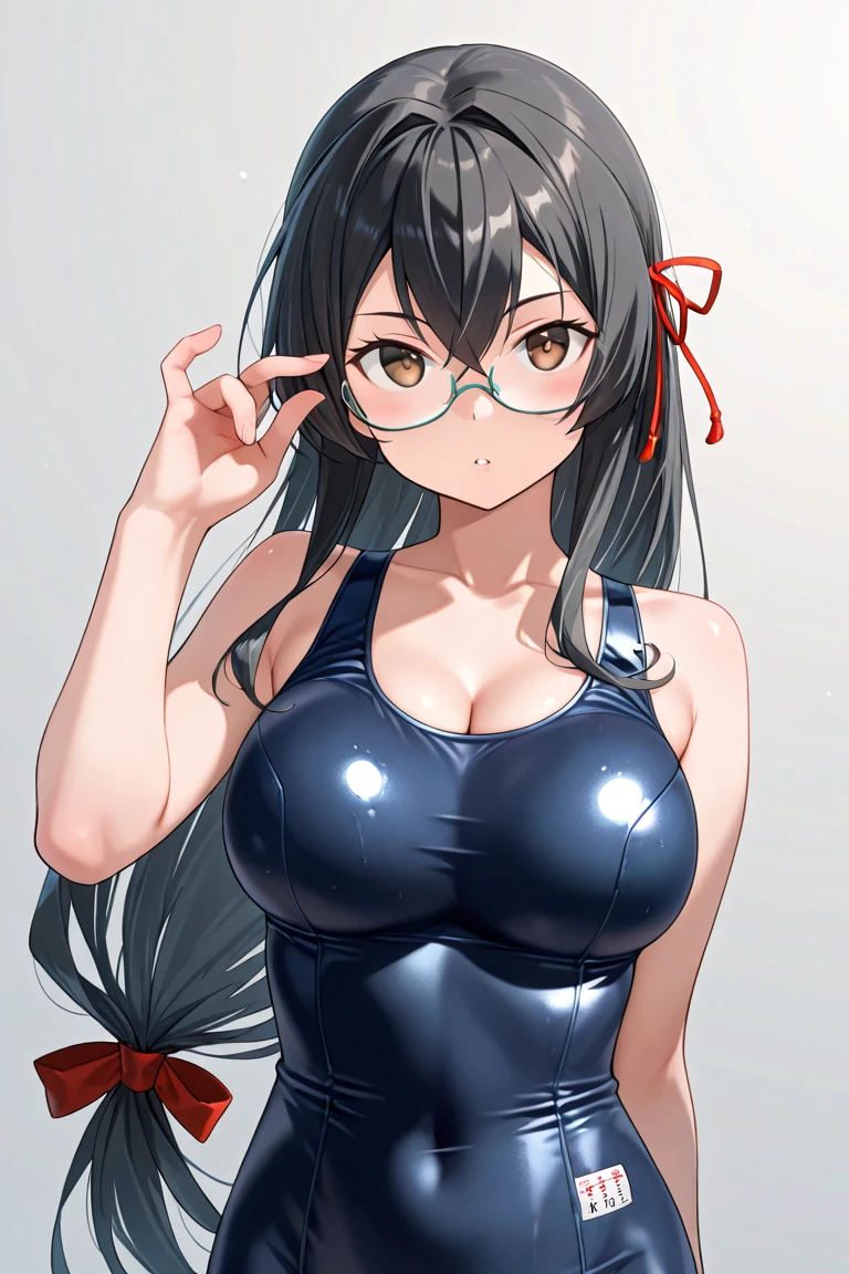 Ultra-detailed illustrations、Ultra-precise expression、masterpiece、Highest quality、ultra High resolution、High resolution、Hiromitsu Takeda Style、White background、Simple Background、Young、One girl、10th Generation、solo、Black Hair、Drooping eyes、Black glasses、Two short braids、Grey Eyes、Big Breasts、White Breath、Sweat、School Swimsuit、Red little ribbon、cowboy shot、covering chest by hand、