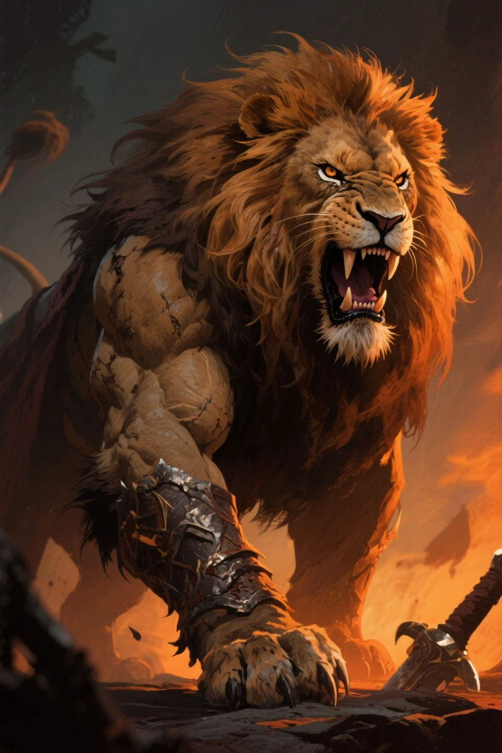 Lord Dracula muscular handsome warrior leather Armor riding great Legendary Lion in battle scene fighting courageously thé Devil and his great Legendary army hyper realistic super detailed Dynamic shot master piece scene cinématique scènes movie