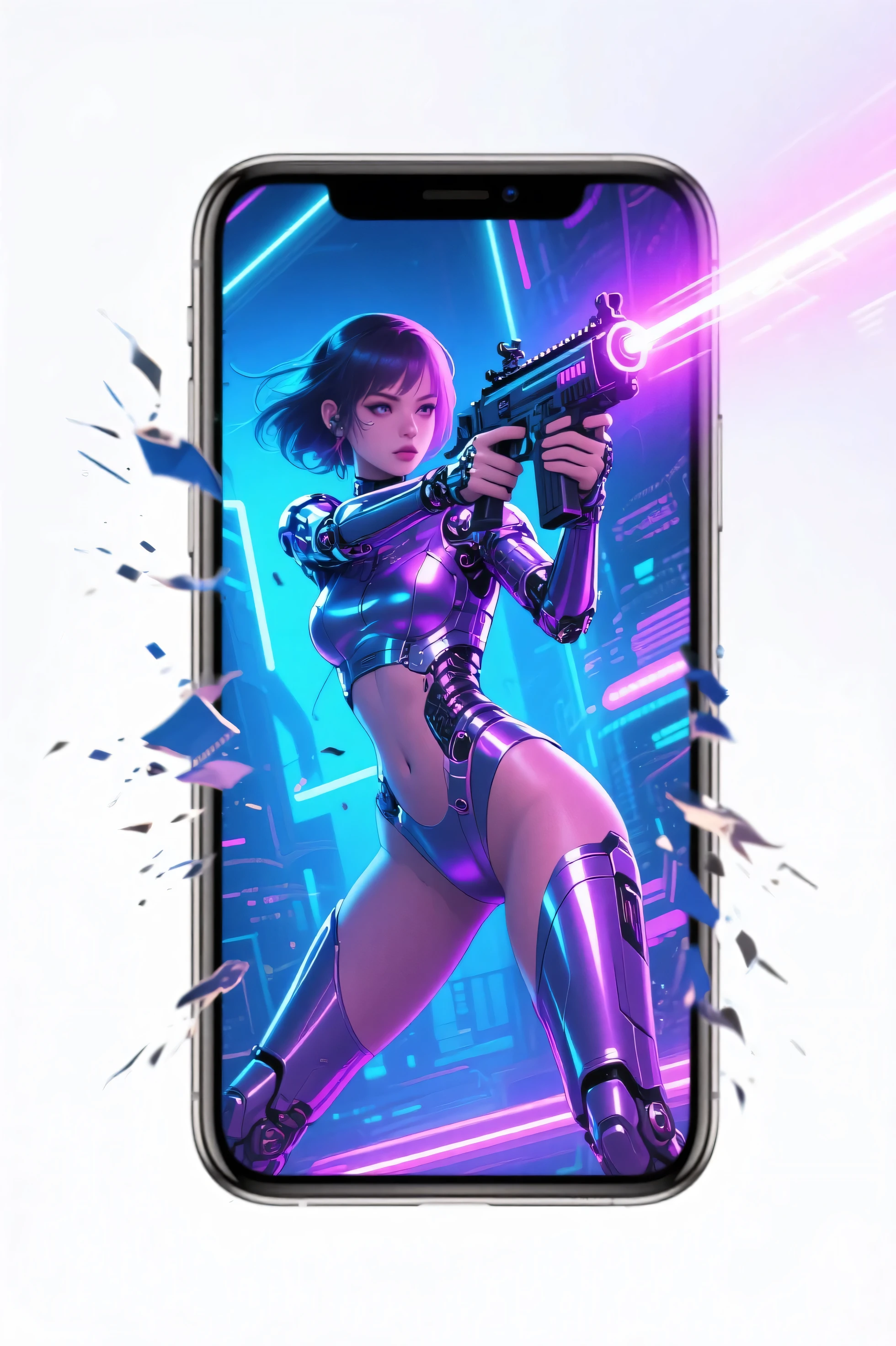 Sexy cyborg girl shooting a laser rifle and bursting out of a smartphone screen