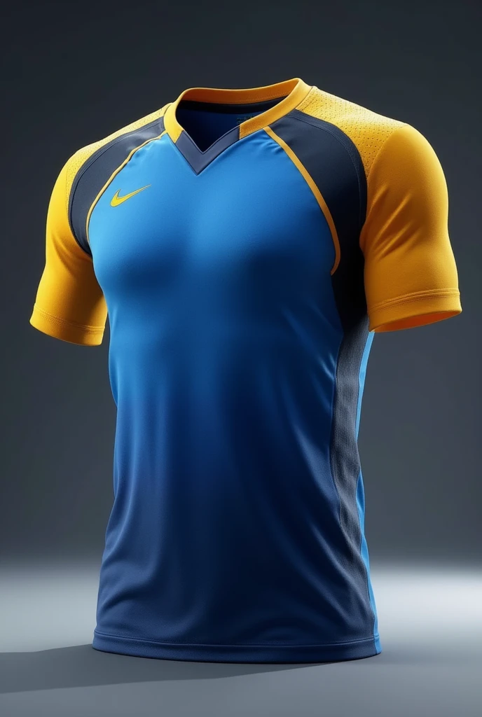 Create a jersey  in latest design in good shape something look like dark blue and yellow colours with round neck shape for both boys and girls 