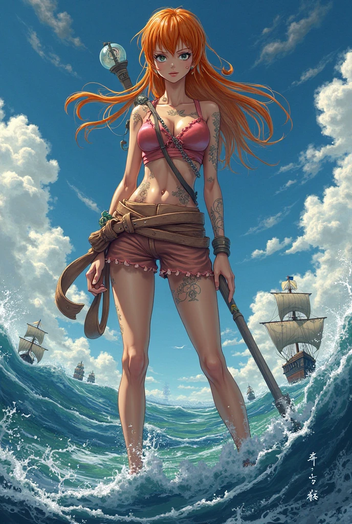 masterpiece, (Realistic:1.5), Highest quality, Beautiful lighting, Real Life, US \(one piece\), (only solo people ), 2 or more people NG, (perfect anatomy) , beautiful , , , Floating Hair, Long Orange Hair, Brown eyes, , Exposing shoulders , shoulder tattoo, large breasts , Cleavage, Slim waist, smile, , standing alone , Sweat-soaked skin, , low-rise jeans, , , 比基尼(micro:1.5, green, top only , ), full-body shot angle capturing, Wearing high heels, Detailed high heels, Bangles, bangs, Earrings, , bracelet, between legs, green belt, jewelry, Log Pause, belly button, , , , , , blue sky, cloud, big pirate ship on the sea, floor, , Detailed footwork , , , Complex, Attention to detail, Sharp focus, dramatic, (RAW Photos, 8k Ultra HD, Film Grain), Caustics, Scattered beneath the surface, reflection