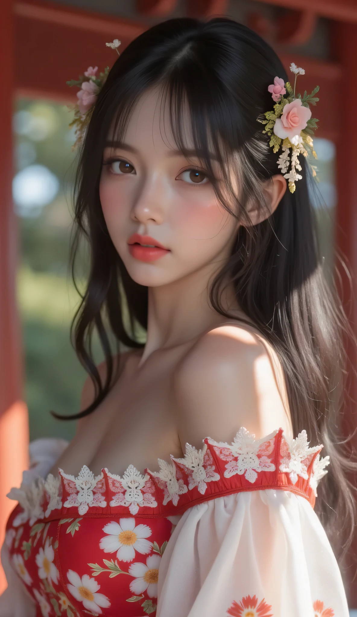 masutepiece, Best Quality, Illustration, Ultra-detailed, finely detail, hight resolution, 8K Wallpaper, Perfect dynamic composition, Beautiful detailed eyes, nsfw, good hands, cleavage, full body, black hair, straight hair, Blunt Bangs, (Absurdly Long Hair:1.8), (Beautiful Voluminous breasts:1.6), real looking skin, Natural Color Lip, The best smile, 17 year old, Beautiful girl with voluptuous body, (A large red ribbon is tied around the body:1.5), (topless:1.8), (castle background:1.2), (night:1.2), (bonfire), earrings, pendant, bracelet, tiara, cameltoe