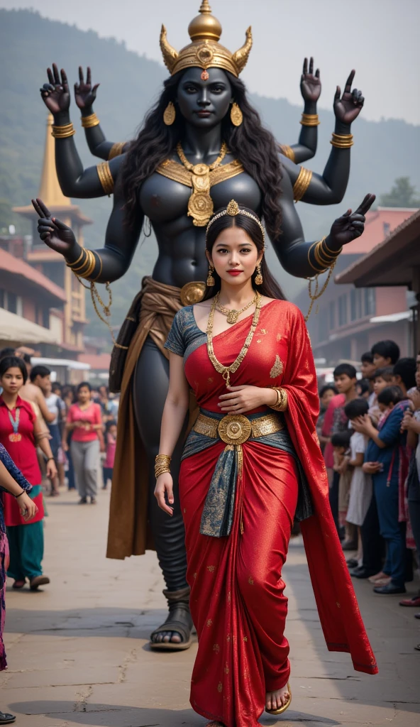 Voluptuous priestess with tattoos and percings on her body and an Iron Man mask outside a Hindu temple Ultra-realistic photo --auto
